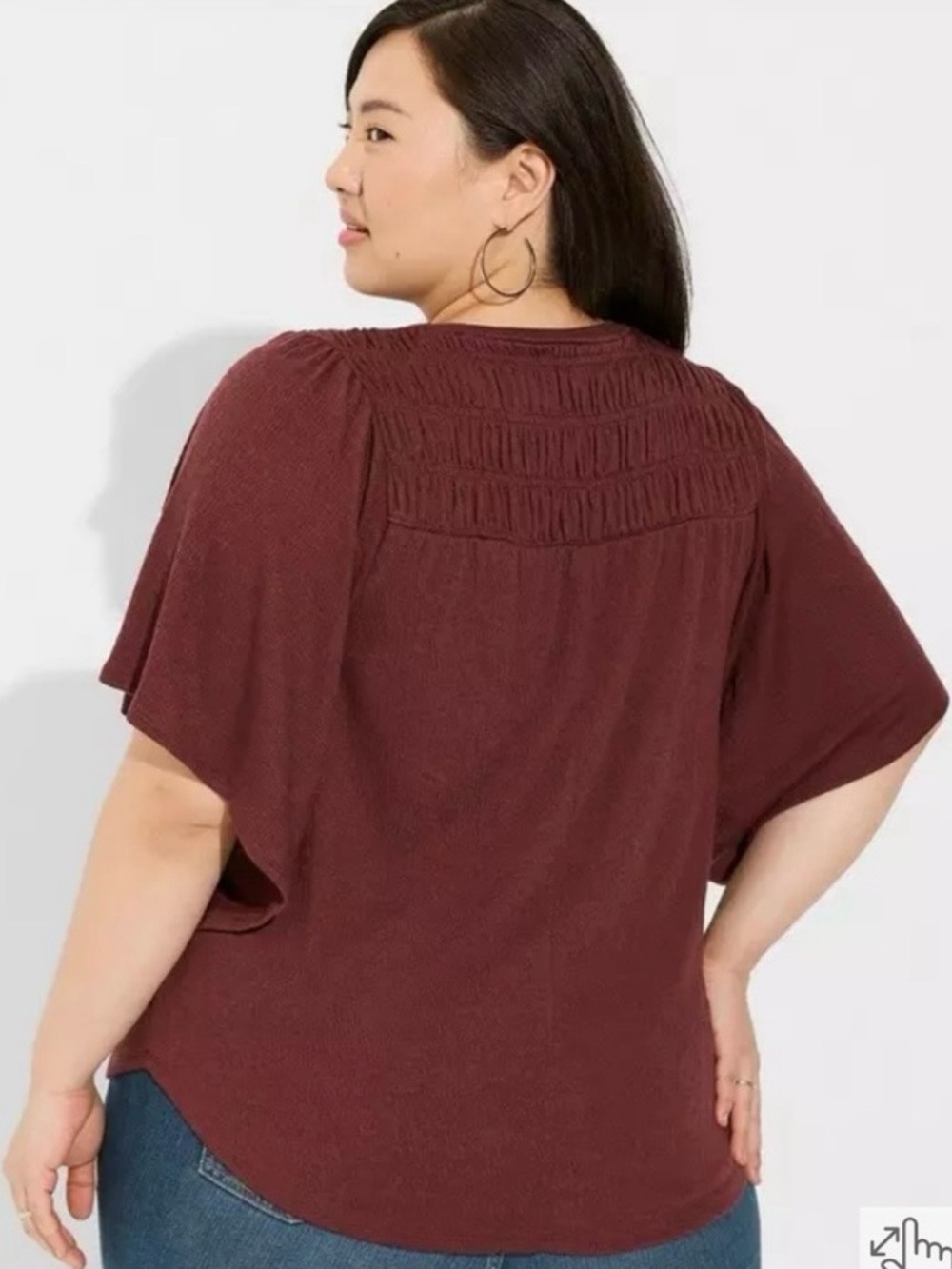 Torrid Knit Crewneck Smocked Flutter Sleeve Top In Sassafras Burgundy Sz 1 (1X) - Picture 3 of 6